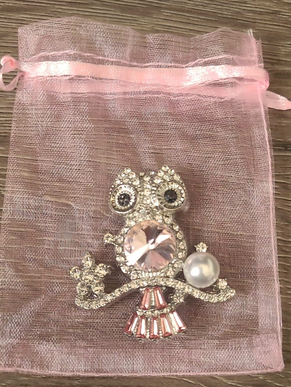 Crystal Owl Brooch with Pink Center and Pearl Accent - Women's Jewelry